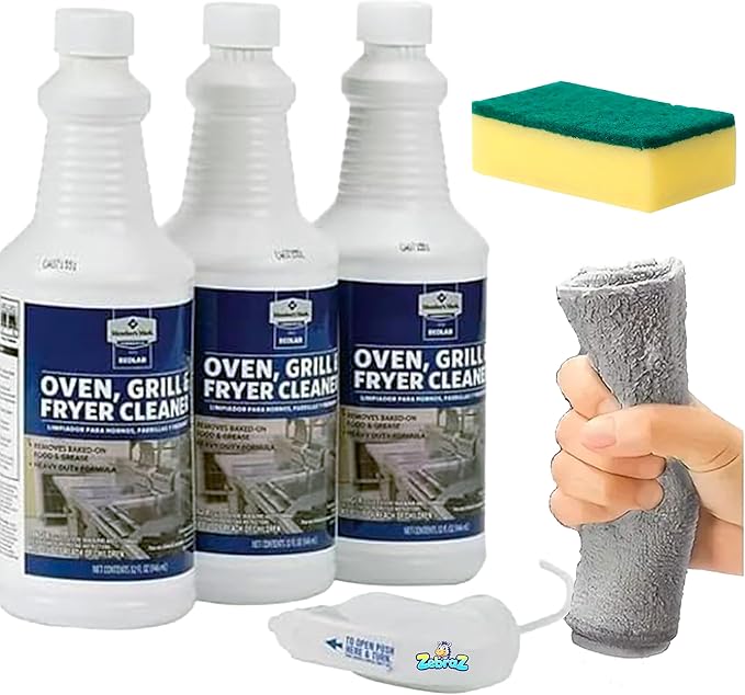 Heavy-Duty Oven Grill &amp Fryer Cleaner Kit – 3 Bottles (32 fl oz Each) + Trigger Sprayer + Microfiber Cloth + Dual-Sided Sponge – Commercial Grade