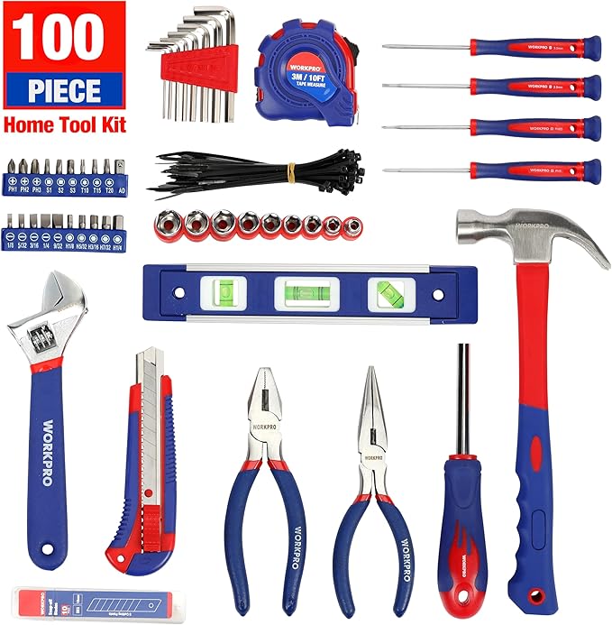 WORKPRO Home Tool Kit 100 Piece Kitchen Drawer Household Hand Tool Set with Easy Carrying Pouch