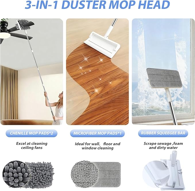 Ceiling Fan Cleaner Duster with 80'' Extendable Long Handle Pole - Microfiber Chenille Pads for Blades Baseboards Walls Floors Blinds &amp Cobwebs - Reusable &amp Washable