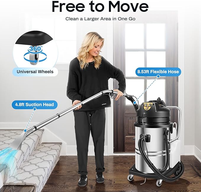 60L Commercial Carpet Cleaner 6 in 1 Multi-Purpose Portable Floor Cleaning MachineCarpet Deep Cleaner with 360° swiveling wheels for Sofas Curtains Floor Home Hotel