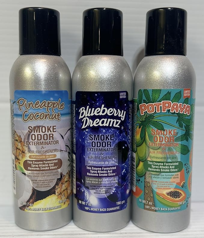 Smoke Odor Exterminator 198 gm/ 7 oz Large Spray Pineapple Coconut Set of Three Cans. Assortment (3) Includes Pineapple Coconut Blueberry Dreamz and PotPaya.