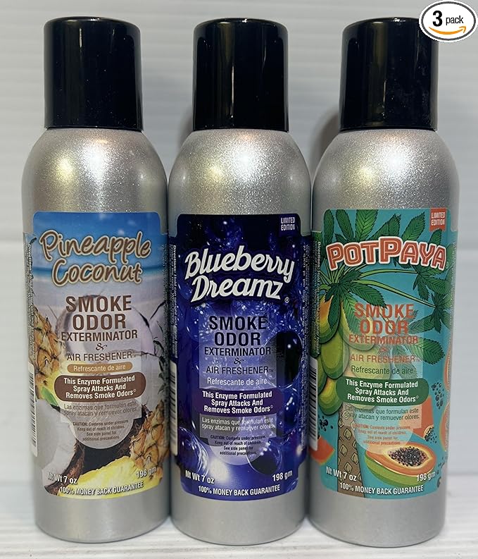 Smoke Odor Exterminator 198 gm/ 7 oz Large Spray Pineapple Coconut Set of Three Cans. Assortment (3) Includes Pineapple Coconut Blueberry Dreamz and PotPaya.