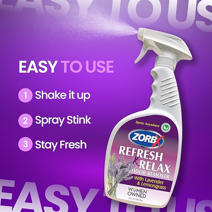 ZORBX Lavender &amp Lemongrass Spray 24 Oz - All-Purpose Deodorizer Refreshes Fabric Removes Strong Odors Perfect for Home Car Gym Laundry