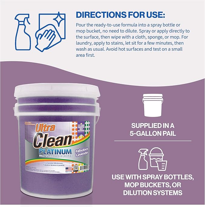 Ultra Clean Platinum Multipurpose Cleaner Non-Abrasive and Bleach-Free for Kitchen Counters Bathroom Floors and Garage Spaces Lavender 5 Gallons