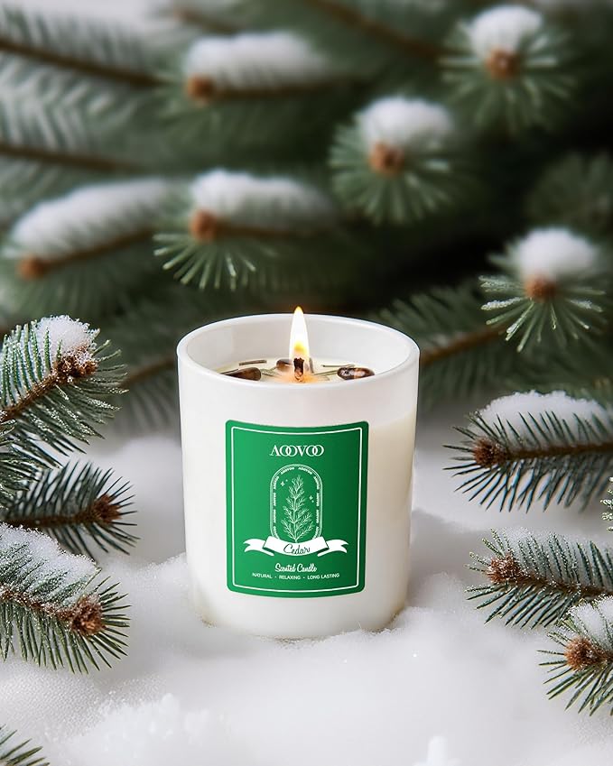 AOOVOO Holiday Candles Set for Women - 4 Pack Candles for Home Scented Aromatherapy Candle with Crystals 28 oz 200 Hour Long Lasting Candle Winter Fragrance of Cedar Fir Hot Cocoa Vanilla Cake