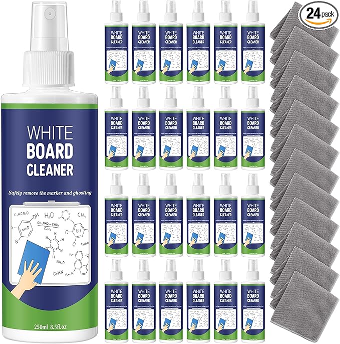 24 Pack Non-toxic Whiteboard Cleaner 8.5fl oz Dry Erase Board Cleaner with 12 Cloths Non-toxic Dry Erase Cleaning Spray Removes Stubborn Marks from Whiteboards