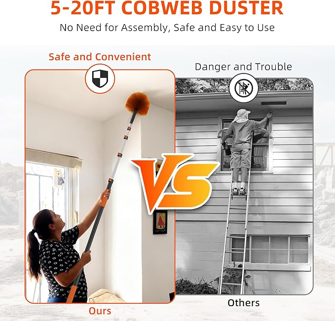 26 FT Cobweb Duster with Extension Pole Cobweb Duster with 5-20FT Telescoping Extension Pole Cleans Spider Webs Washable &amp Reusable for High Ceilings Fans &amp Outdoor &amp Indoor Cleaning