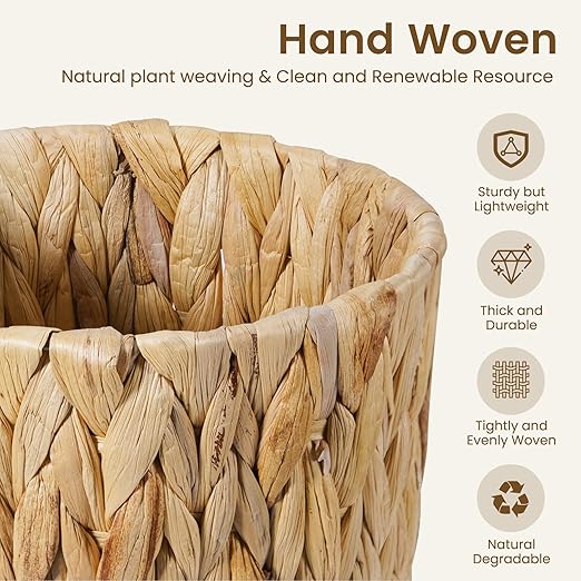 Fantasyon Wicker Trash Can Wicker Waste Basket Small Bathroom Trash Can Handwoven Boho Trash Basket Water Hyacinth Garbage Can for Bathroom Bedroom Office Living Room Kitchen 2 Gallon