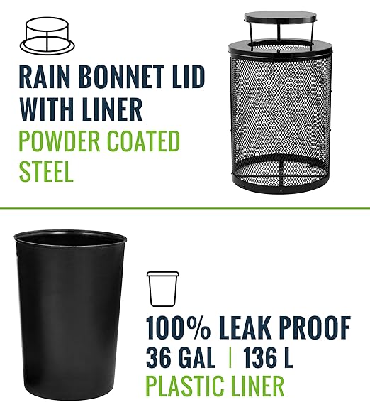 Alpine Outdoor Trash Can 36 Gallon Diamond Steel Commercial Metal Waste Bin with Leak Proof Liner Heavy Duty Steel Mesh Design Rain Bonnet Lid &amp Flat Lid for Parks Streets and Public Spaces-Bl