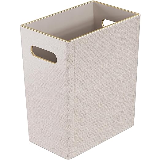 Beige White Trash Can Waste basket3/4 Gallon Office Pu Leather Wastebasket with Gold-Tone Edging Decoration for Bathroom Garbage Cans for Toilet Bedroom Living Room Office home modern decor