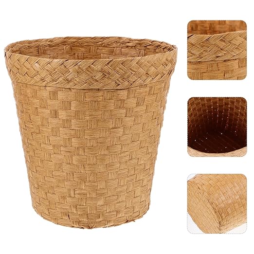 Woven Trash Bin Natural Straw Wastebasket Multi-Function Handwoven Paper Basket for Bathroom Office Desk Storage Organizer
