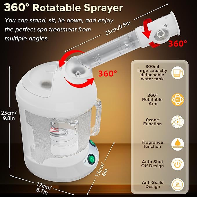 Easy to Clean Facial Steamer Portable Nano Ionic Face Steamer for Facial Deep Cleaning with 360° Rotating Arm 300ML Large Capacity with Aromatherapy Diffuser Warm Mist