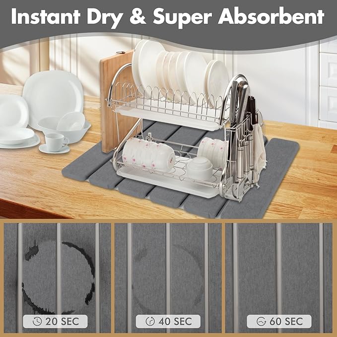 Stone Dish Drying Mat for Kitchen Counter Eco-friendly Instant Drying PadDiatomaceous Earth Water Absorbing Mat Foldable and Super Absorbent Dish Drying Stone Mat 16×12 Dark Gray