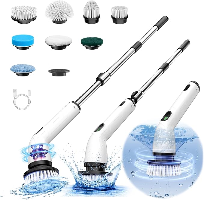 Electric Spin Scrubber Full-Body IPX7 Waterproof Cordless Shower Scrubber with 8 Replaceable Heads Upgraded Extension Handle 2H Work Time 2 Speeds for Bathroom Shower Tile Glass