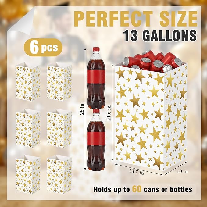 Tinlade 6 Pack 13 Gallon Gold Star Disposable Trash Cans Extra Large Thickened Waterproof Reusable Garbage Bins Foldable Pop up Recycling Bins for Graduation Holiday Party School Gatherings