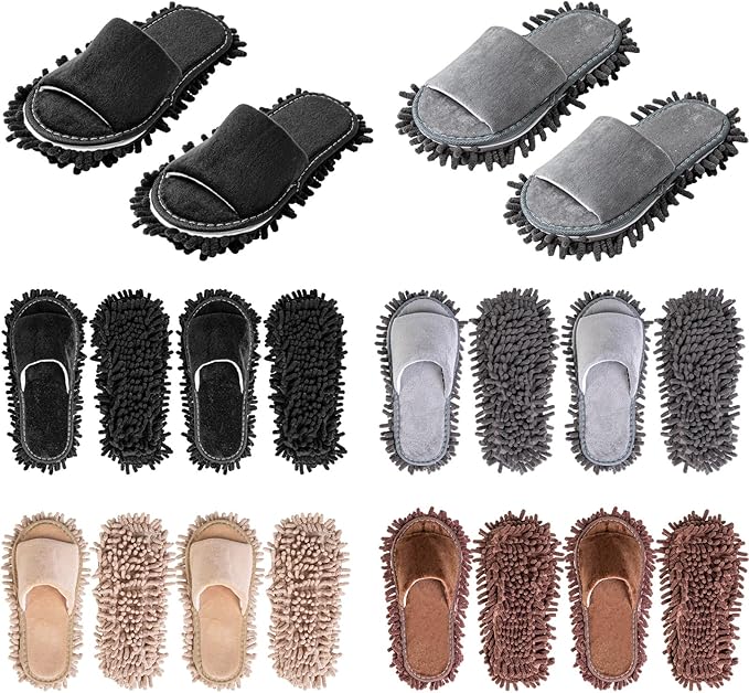 HooLing 10 Pairs Unisex Microfiber Mop Slippers for Floor Cleaning Washable Detachable House Mop Shoes Indoor Dirt Dusting Mopping Slippers for Women Men Home Office Kitchen 4 Colors (Large)