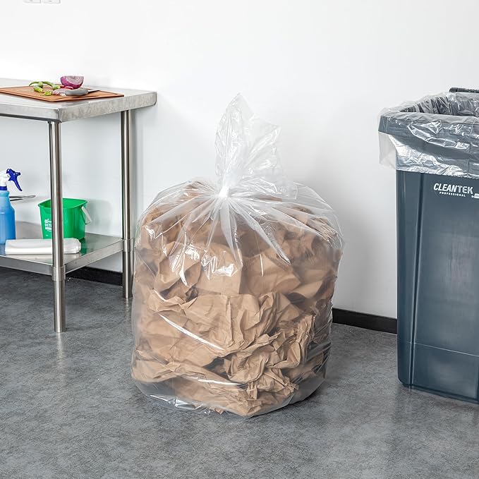 Restaurantware-RW Clean 55 Gallon Trash Bags 100 Light-Duty Garbage Can Liners- Fits 55-60 Gallon Trash Cans Stretchable Clear Plastic Bin liners with Star Seal Bottom
