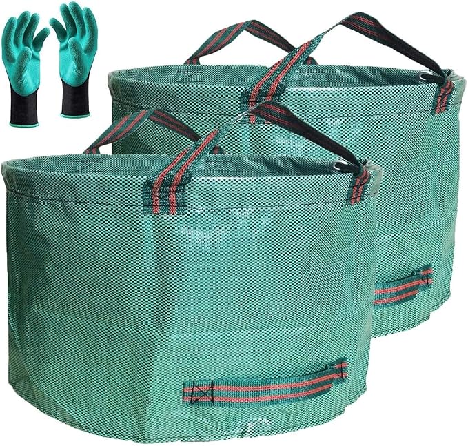 Standard 2-Pack 46 Gallon Lawn Garden Bags (D26H19 in) Yard Waste Bags W/Gardening Gloves for Leaf BagYard DebrisTrash ContainerRecycling BinCamping Waste BinGrass ClippingsWeeds Bag 4 Handles