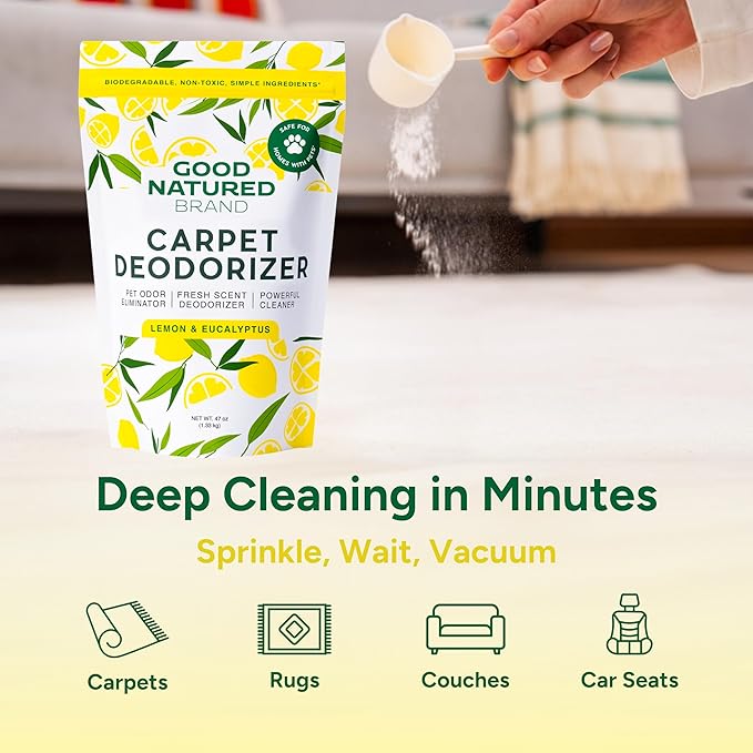 Good Natured Brand | Carpet Deodorizer &amp Freshener Powder | 47 oz Pet Odor Eliminator for Strong Odor &amp Pet Urine | Fresh Natural Lemon &amp Eucalyptus Scent | Safe for Homes with Pets