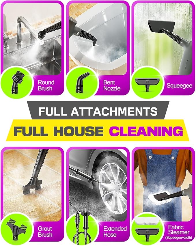 POPCHOSE Handheld Steam Cleaner for Home Portable Pressurized Steamer for Cleaning Grout Surfaces Bathroom Couch 20S Fast Heat Up 12 Accessories Steam Adjustable Safety Lock Graypurple