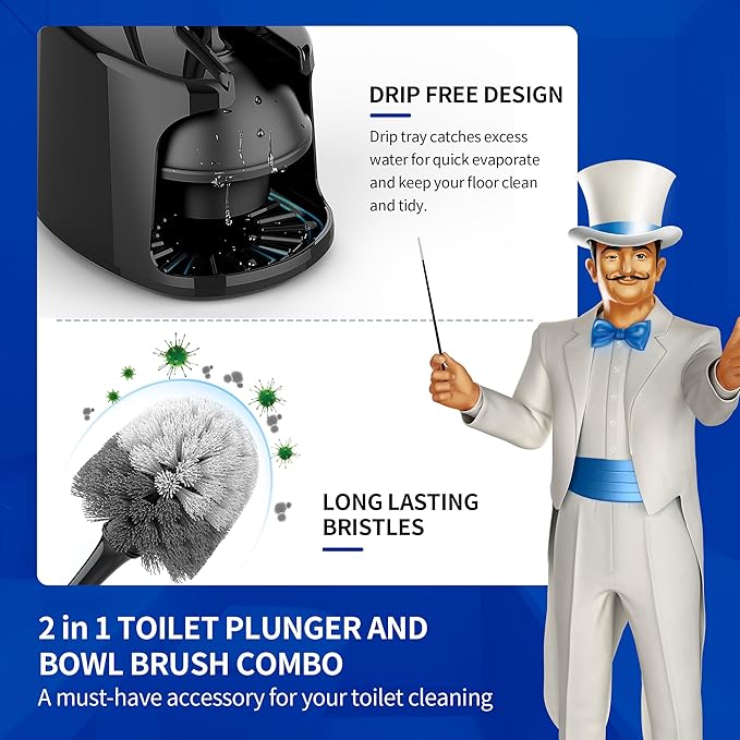 MR.SIGA Toilet Plunger and Bowl Brush with Holder Heavy Duty Toilet Brush and Plunger Set for Bathroom Cleaning Black 1 Set
