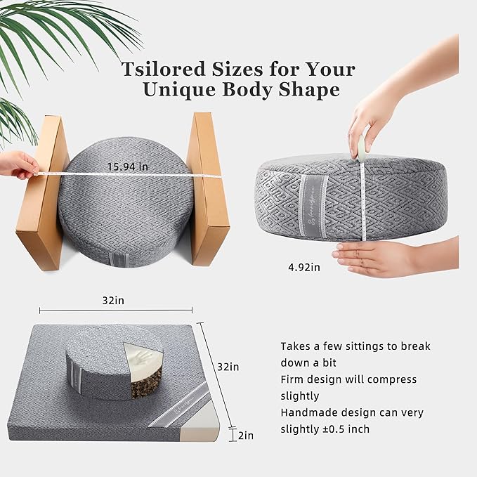 Meditation Zafu Cushion Set with Buckwheat Hulls &amp Memory Foam - Ergonomic Support for Yoga &amp Sitting - Removable Machine-Washable Luxury Velvet Cover - for Adults and Kids (Premium Grey)