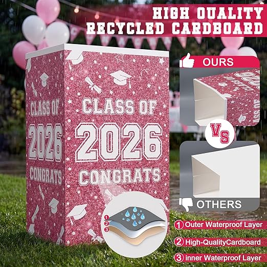 Tinlade 6 Pack 2026 Pink White Graduation Decoration 13 Gallon Disposable Trash Cans Class of 2026 Party Garbage Bins Large Waterproof Foldable Recycle Pop up Bins for Graduation Party School