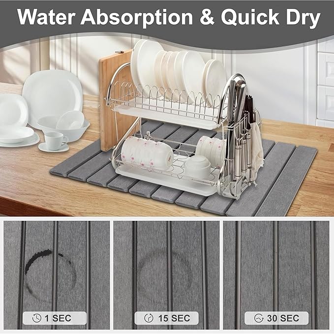 Large Stone Dish Drying Mat for Kitchen Counter 24x16 Inches Diatomaceous Earth 1-Second Absorption Quick-Dry Foldable Non-Slip Easy to Clean for Dishes - Dark Gray