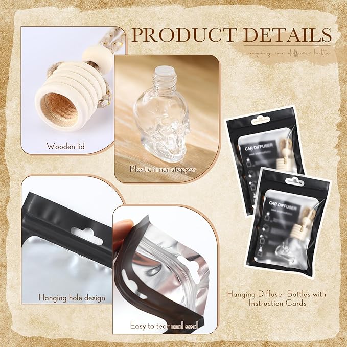 Boao 100 Sets Hanging Car Air Freshener Diffuser Bottles with Instruction Card and 4 x 6'' Resealable Holographic Bag for Empty Car Essential Oil Perfume Bottles Packaging (Black CardSkull)