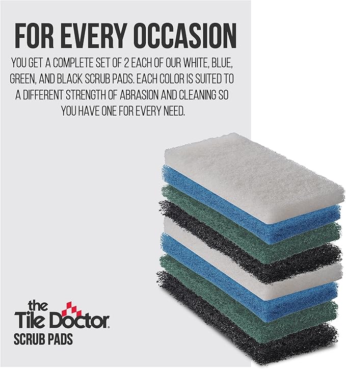 Scrub Doctor 8-Pack of 10 x 4.5 x 1 in. Assorted Large Scrub Pads with Pole Adapter and Handheld Scrub Pad Holder Set of Light to Strongly Abrasive Scrubbing Pads for Various Purposes