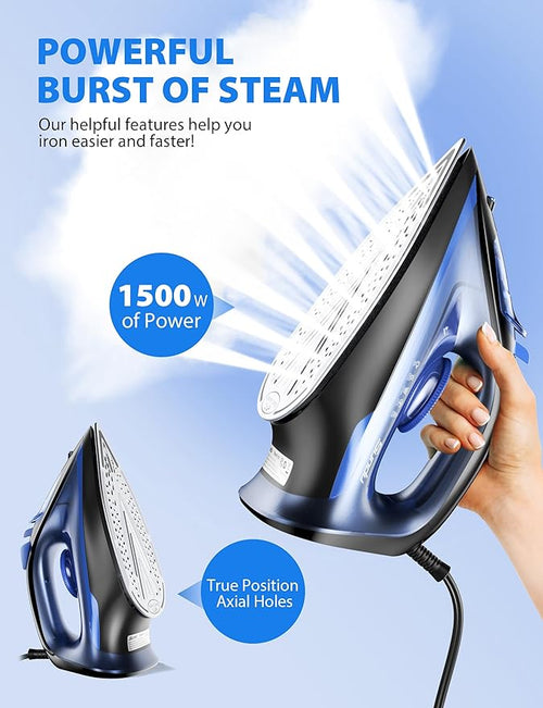 1500-Watt Steam Iron with Ceramic-Coated Soleplate and Burst Steam 3-Way Auto-Off Temperature Settings for Variable Fabric