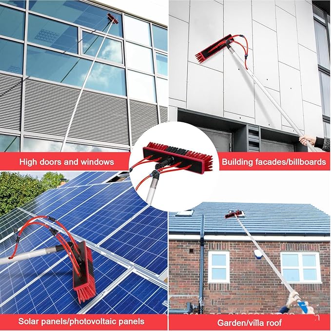 Glass Cleaning Brush Home Water Fed Telescopic Pole Kit Solar Panel Brush Rotating for Photovoltaic PanelTelescopic Window Cleaner Kit - 10M Extendable Pole with 35cm Water Fed Brush Head f