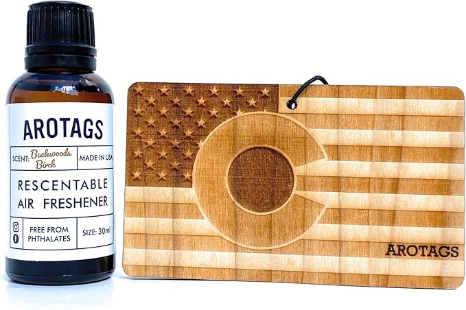 Arotags Car Air Freshener - Reusable Wood Diffuser - Hanging Odor Eliminator - Colorado Patriot - Backwoods Birch Scent