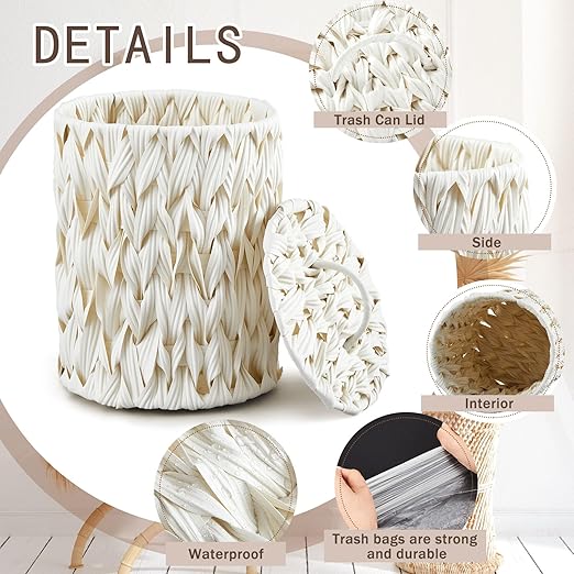 Ctosree 1.3 Gallons Small Trash Can with Lid Handle Boho Woven Braided Bathroom Waste Basket Trash Can with 100 Garbage Bags for Bedroom Office Laundry(Cream WhiteBraided PolypropyleneRound)