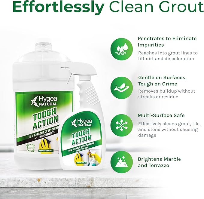 Hygea Natural Tough Action Tile &amp Grout Cleaner Duo - Deep Cleans Dirt &amp Scum Conditions &amp Enhances Stone Color - Acid-Free &amp Residue-Free Biodegradable Formula (24 oz Spray + Concent