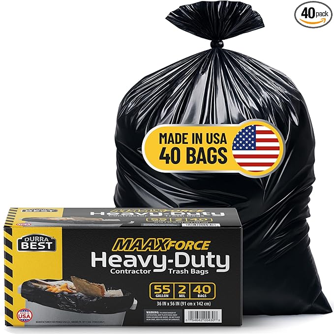 MAAXForce 55 Gallon Contractor Trash Bags | 2 Mil Heavy-Duty Black Garbage Bags | Leak-Proof Puncture-Resistant | Made in USA | 36 x 56 Large Construction &amp Yard Cleanup Bags (40-Count)