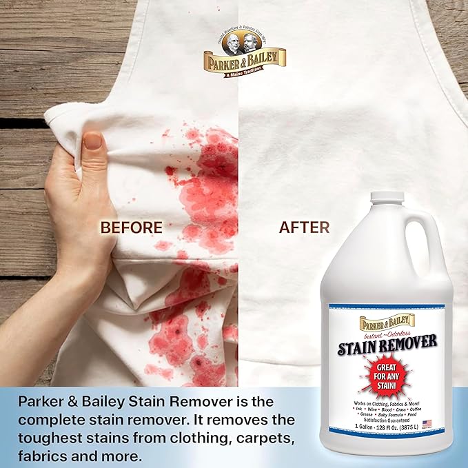 Parker &amp Bailey Liquid Stain Remover - Instant Stain Removal on Laundry Clothing Fabric Ink Grease Blood Grass Coffee Wine Food Carpet Upholstery Spot Cleaner Odor Free Detergent Booster - Gallon