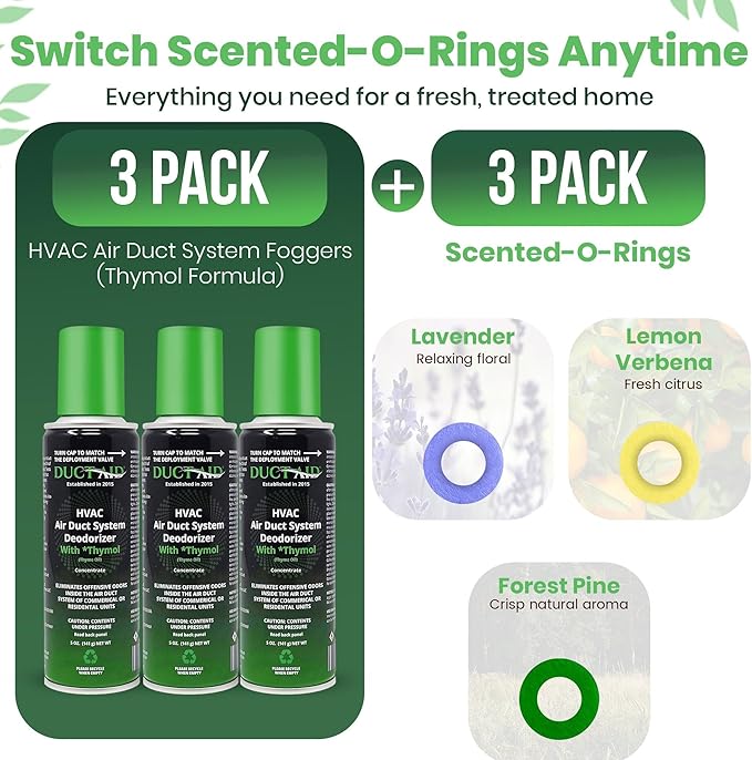HVAC Air Deodorizer &amp Mold Treatment Fogger 3-Pack with 3 Scented O-Ring Pads | Air Duct Freshener for HVAC &amp AC Vents | Plant-Based Thymol Fogger for Home Car &amp Commercial Spaces