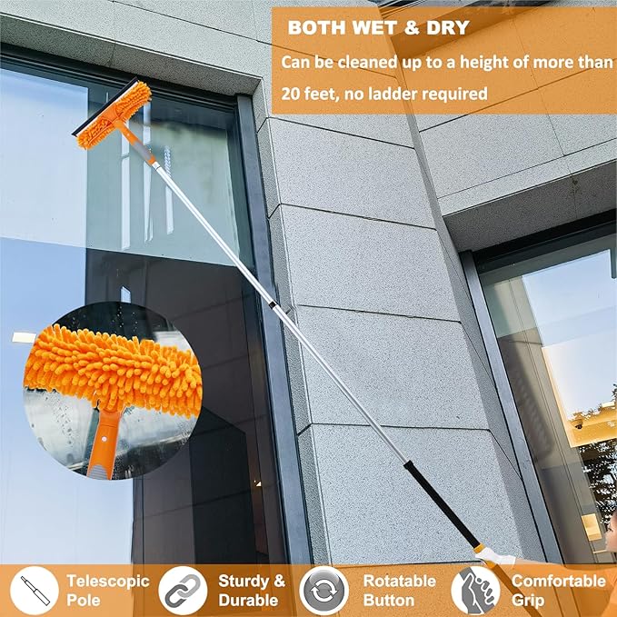 20 Ft+ Reach 2 In 1 Window Squeegee Duster with 5-to-12 Foot Extension Pole Cleaner Tool with 3-Stage Telescoping Pole Cleaning Kit with Rotatable Head - Chenille Cloth + Microfibre Cloths Head