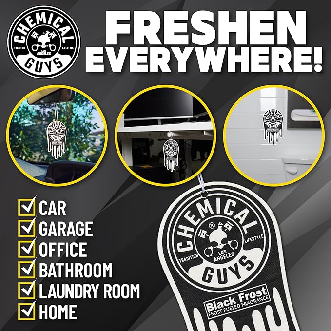 Chemical Guys Car Fresheners Hanging Air Freshener Black Frost Scent 12 Pack Great for Cars Trucks SUVs RVs Home Garage Workspace Dorm Room &amp More (4 x 3 Packs)