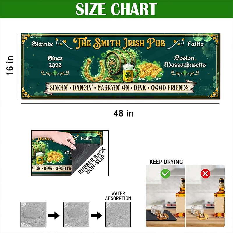 Personalized Irish Bar Mat St Patrick's Day Decor Bar Basement Lucky Shamrock Spill Barmat Dish Drying Mat Irish Decor (02)