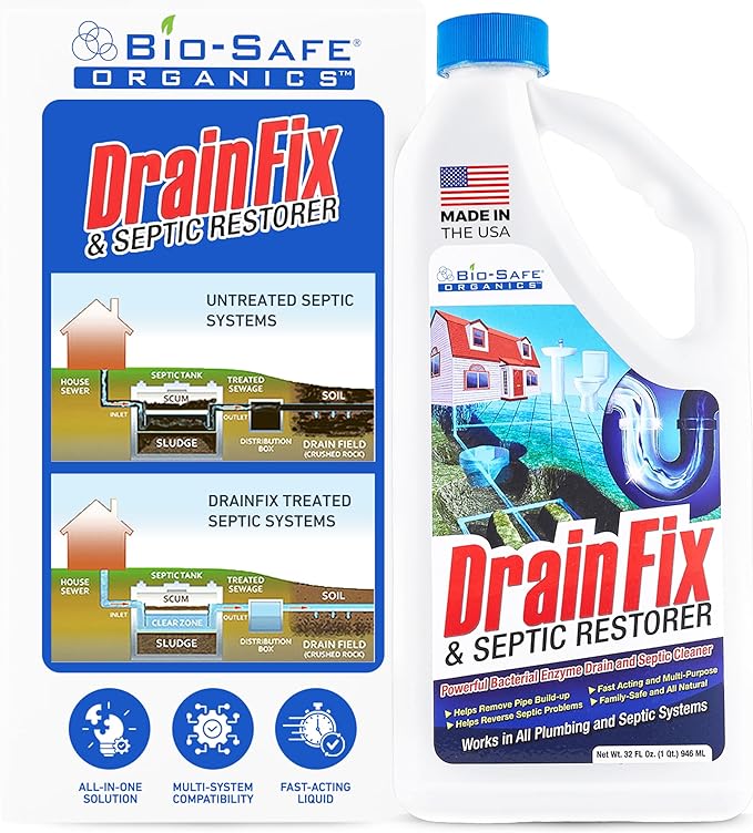 DrainFix &amp Septic Restorer – 32 oz Enzyme Septic Tank Treatment &amp Drainfield Restoration – Organic Drain Cleaner for Sewer Lines RV &amp Home Plumbing – Safe for Pipes &amp Septic Systems