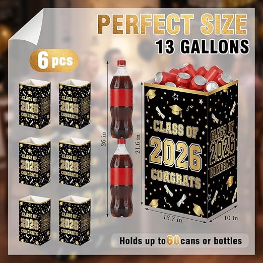 Tinlade 6 Pack 2026 Black and Gold Graduation Decoration 13 Gallon Disposable Trash Cans Class of 2026 Party Garbage Bins Large Waterproof Foldable Recycle Pop up Bins for Graduation Party School