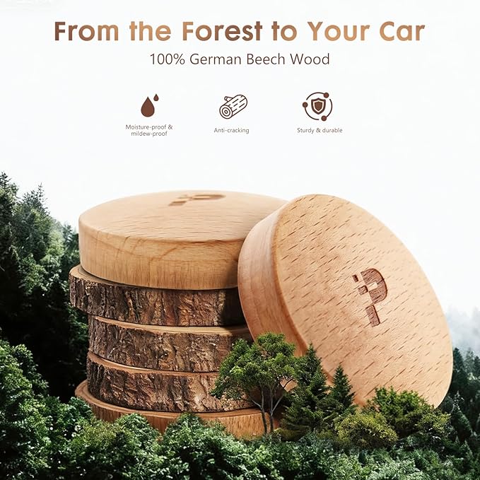 Wooden Car Air Freshener Vent Clip Refillable Essential Oil Diffuser with Long-Lasting Natural Scent European Beech Wood &amp Metal Auto Deodorizer Includes 2 Clips + 4 Plaster Refill Pads