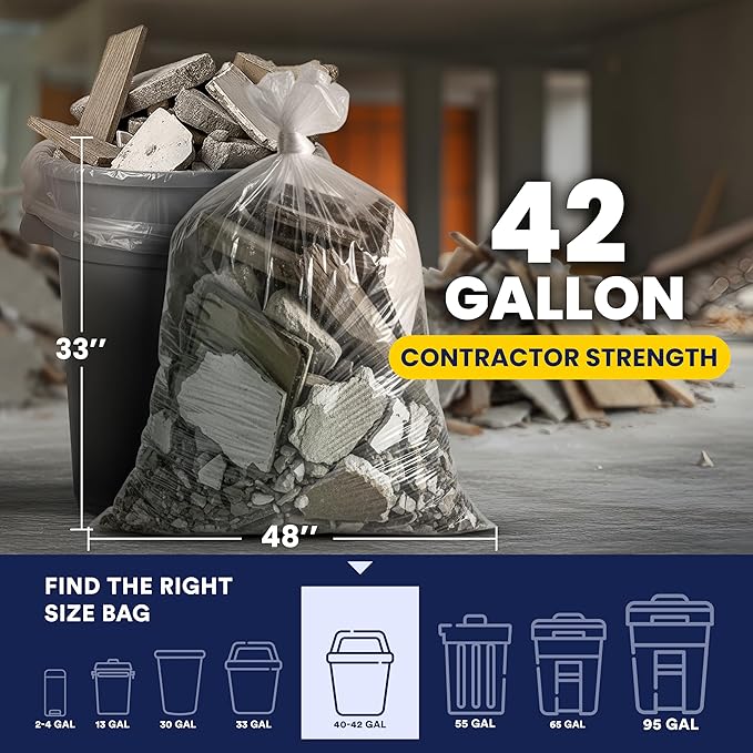 Plasticplace 42 Gallon Contractor Trash Bags │ 4.0 Mil │Clear Heavy Duty Garbage Bags │ 33 x 48 (50 Case)