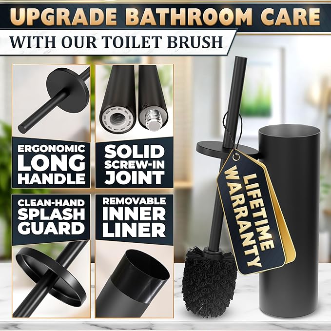 Black Toilet Brush and Holder Set - Scratch Resistant Black Toilet Bowl Brush and Holder with Soft Bristles Replaceable Head Protection from Splashes and Compact Design - for Effective Cleaning