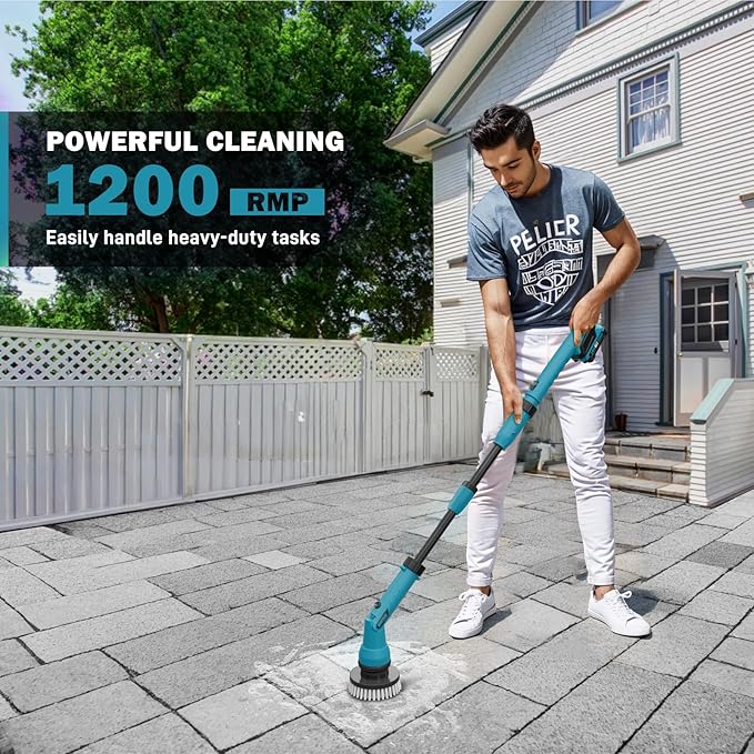 Alloyman 1200RPM Electric Spin Scrubber Floor Cordless Cleaning Brush 2 * 20V Replaceable Battery Power Scrubber for Cleaning with 8 Brushes for Bathtub/Tub/Tile/Floor