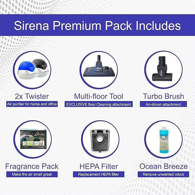 Sirena Bagless Vacuum Cleaner Premium Pack - Water Filtration Vacuum - Bonus 2 Twister Air Purifier HEPA Filter and Turbo Brush - Wet Dry Vacuum - Hardwood Floor Sweeper and Pet Hair Cleaner