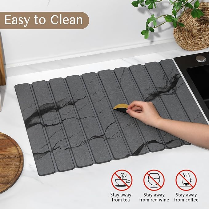 Large Stone Dish Drying Mat for Kitchen Counter Thin &amp Light Quick Dry Stone Dishes Mats Foldable Water Absorbing Diatomite Drying Pad for Kitchen Bathroom Sink Countertop (Gray Ink 24×16 &amp
