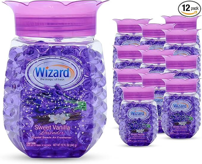 WIZARD Odor Eliminator Gel Beads - 12 oz Pack of 12 - Air Freshners For Bathroom. Rooms Per Areas and Car Freshner (VANILLA LAVENDER)